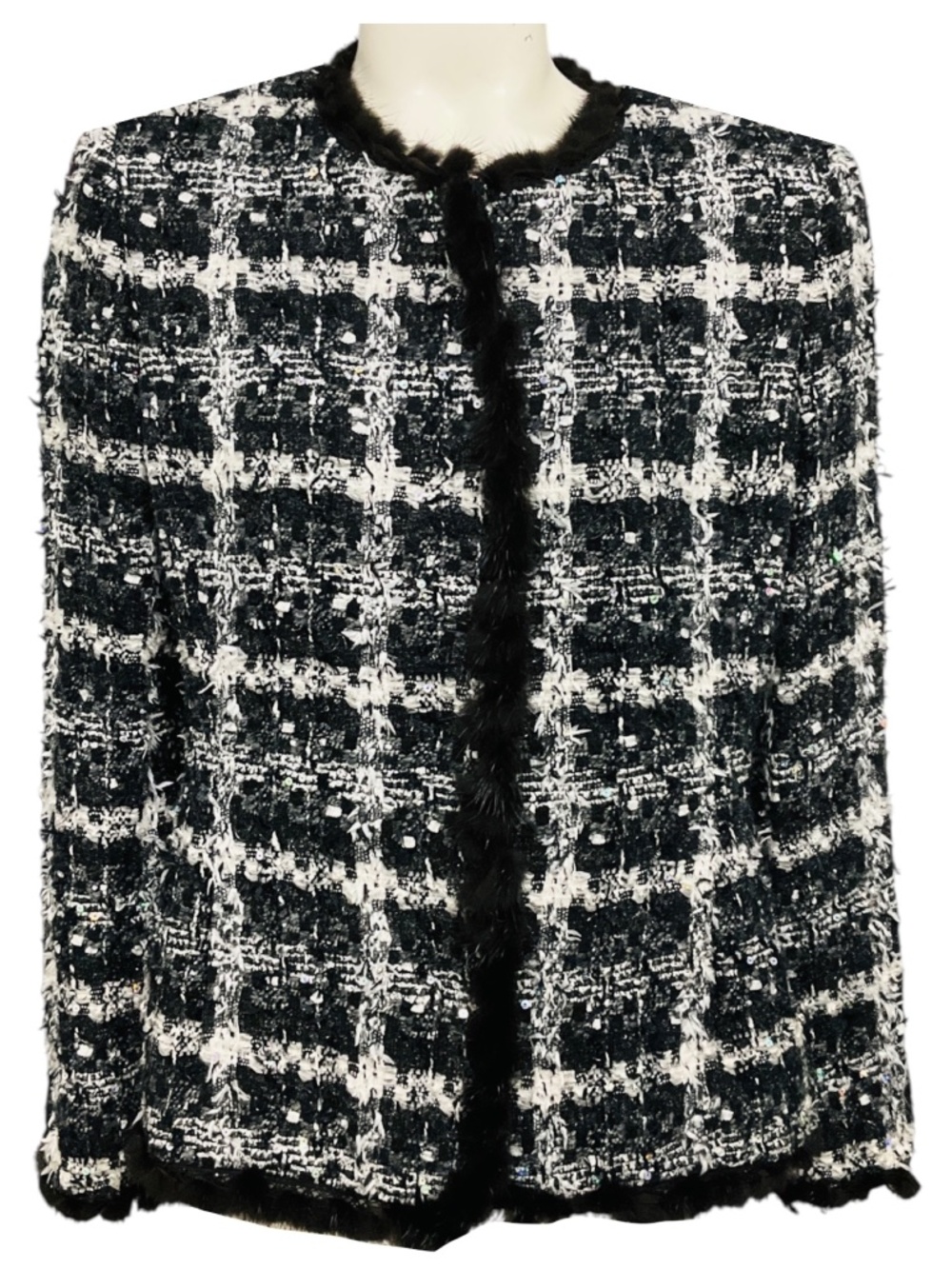 OSCAR DE LA RENTA BLACK / WHITE / CHARCOAL GREY TWEED JACKET WITH MINK FUR TRIM